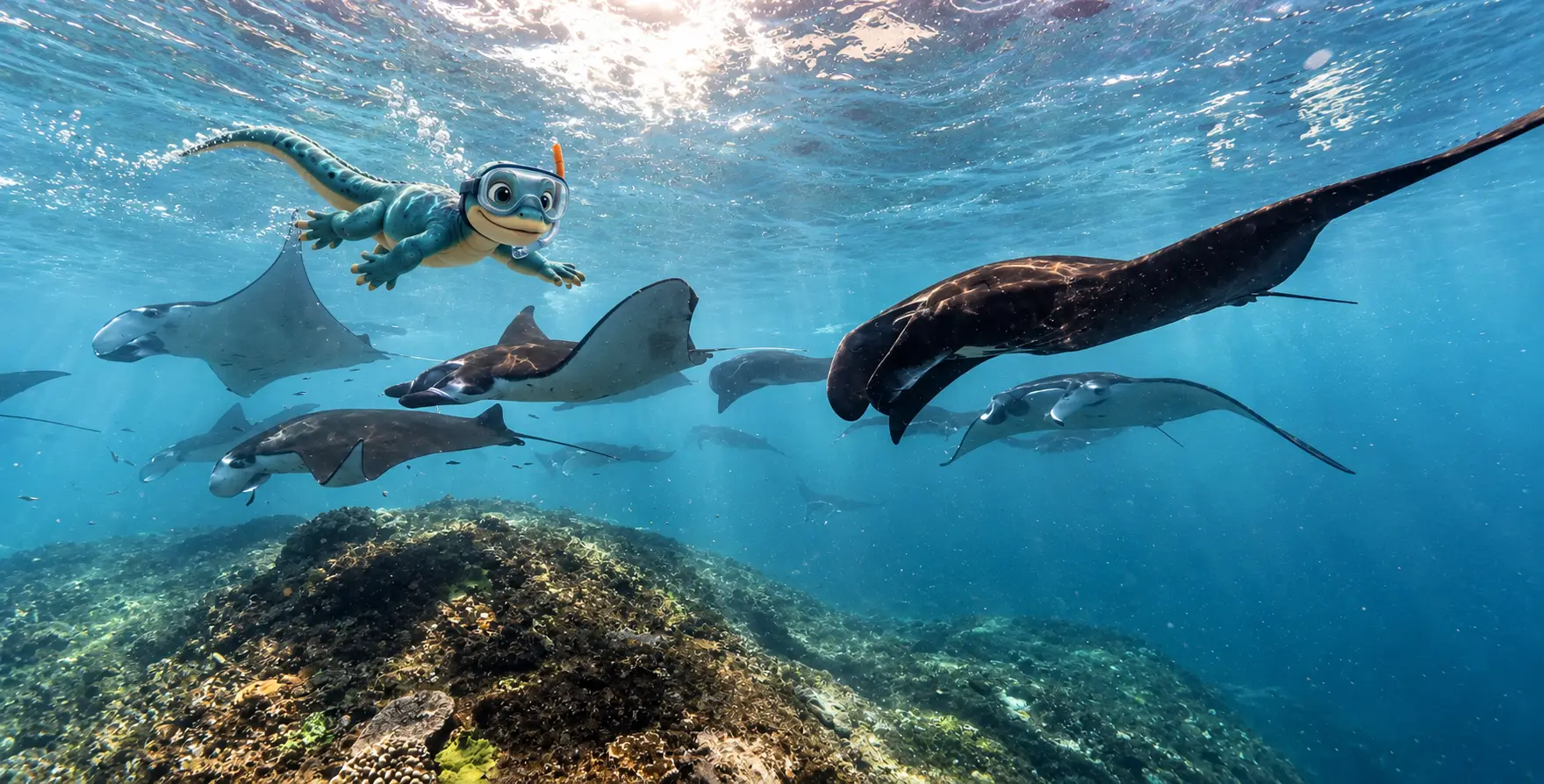 Maskot komodo Open Trip Komodo snorkeling di atas kawanan pari manta terumbu di Taka Makassar, Taman Negara Komodo