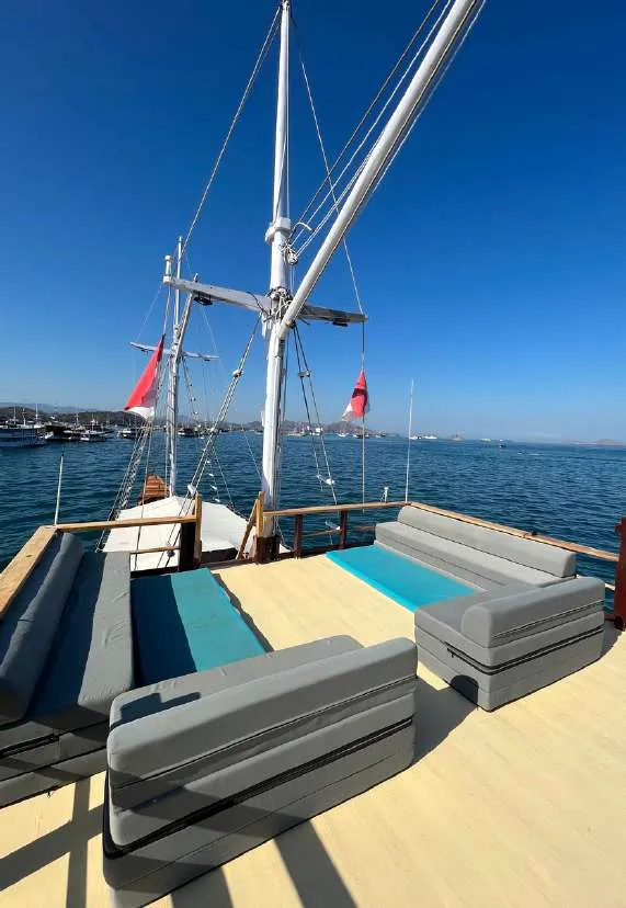 The Andalucia 2 sun deck with lounge sofas under the masts