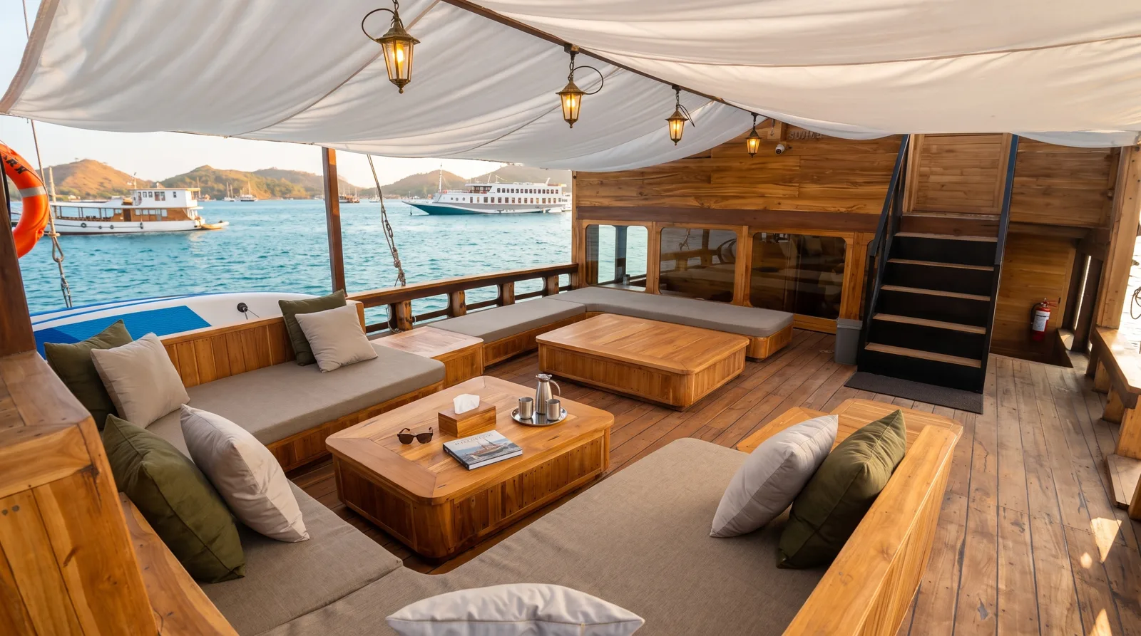 Area santai terbuka Andalucia 3 dengan sofa dan meja kayu