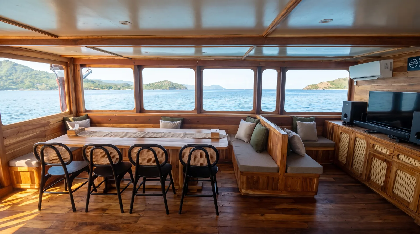 Ruang makan dan karaoke Andalucia 3 dengan jendela laut