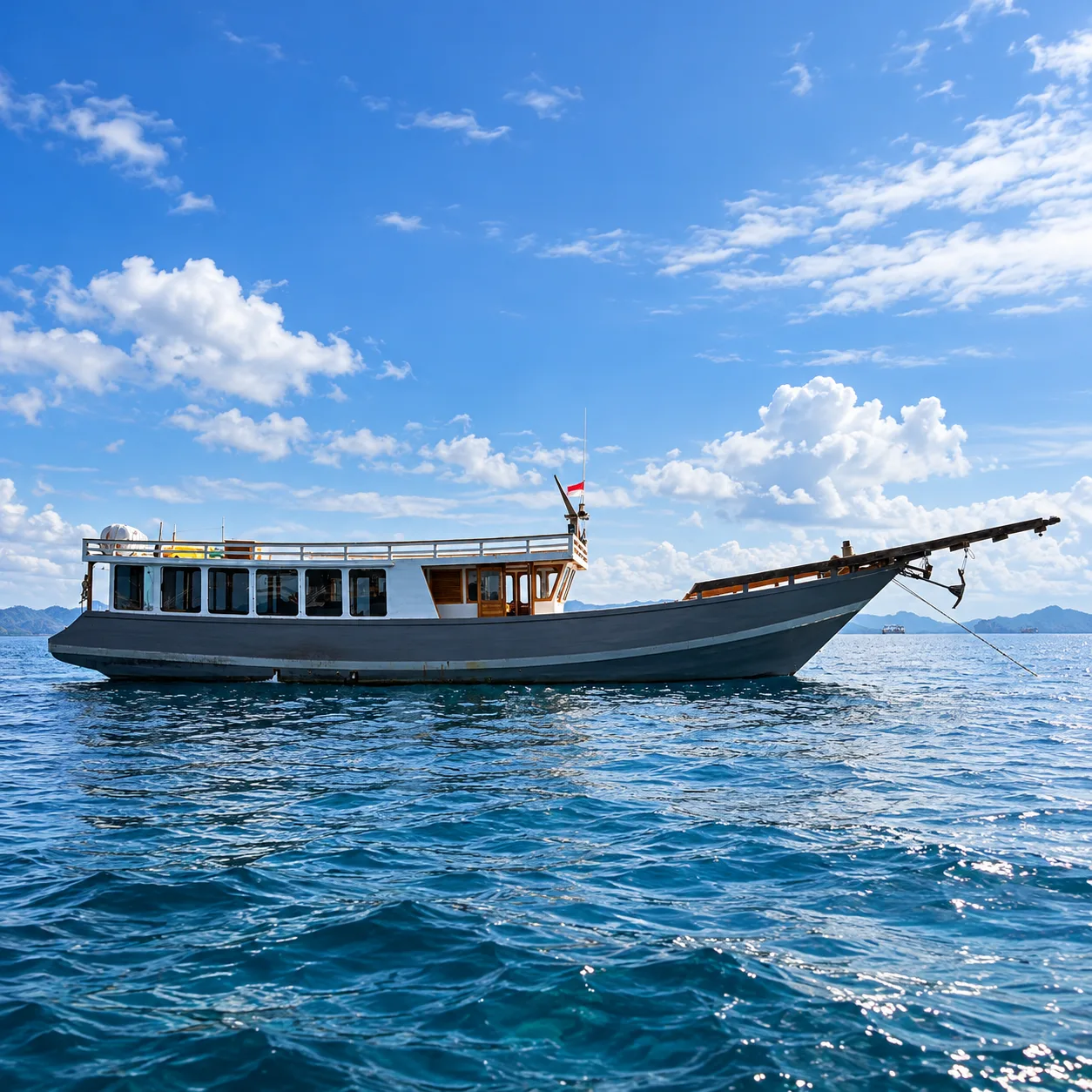 The Ayayay boat at anchor on the blue sea off Labuan Bajo