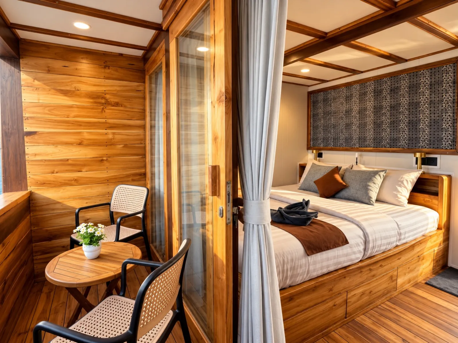Birdie cabin, queen bed with a glass door onto a private balcony with chairs