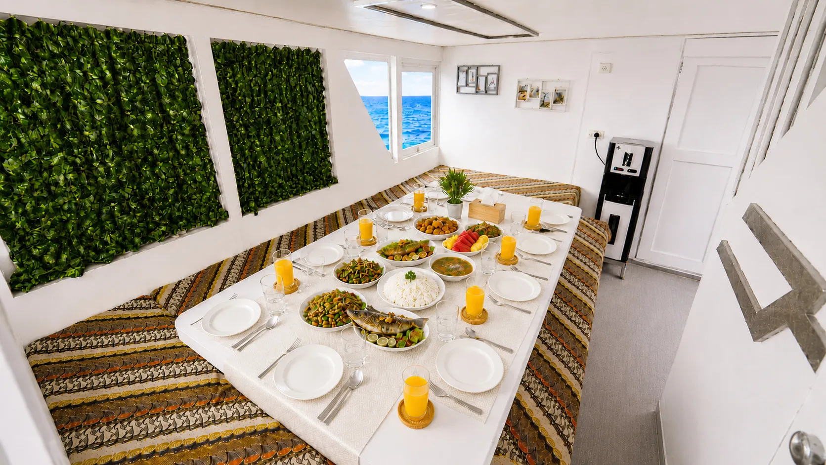 The Elyona dining room with a long table full of dishes