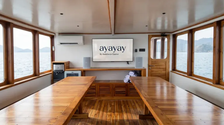 The air-conditioned Ayayay lounge with wooden tables and a TV screen